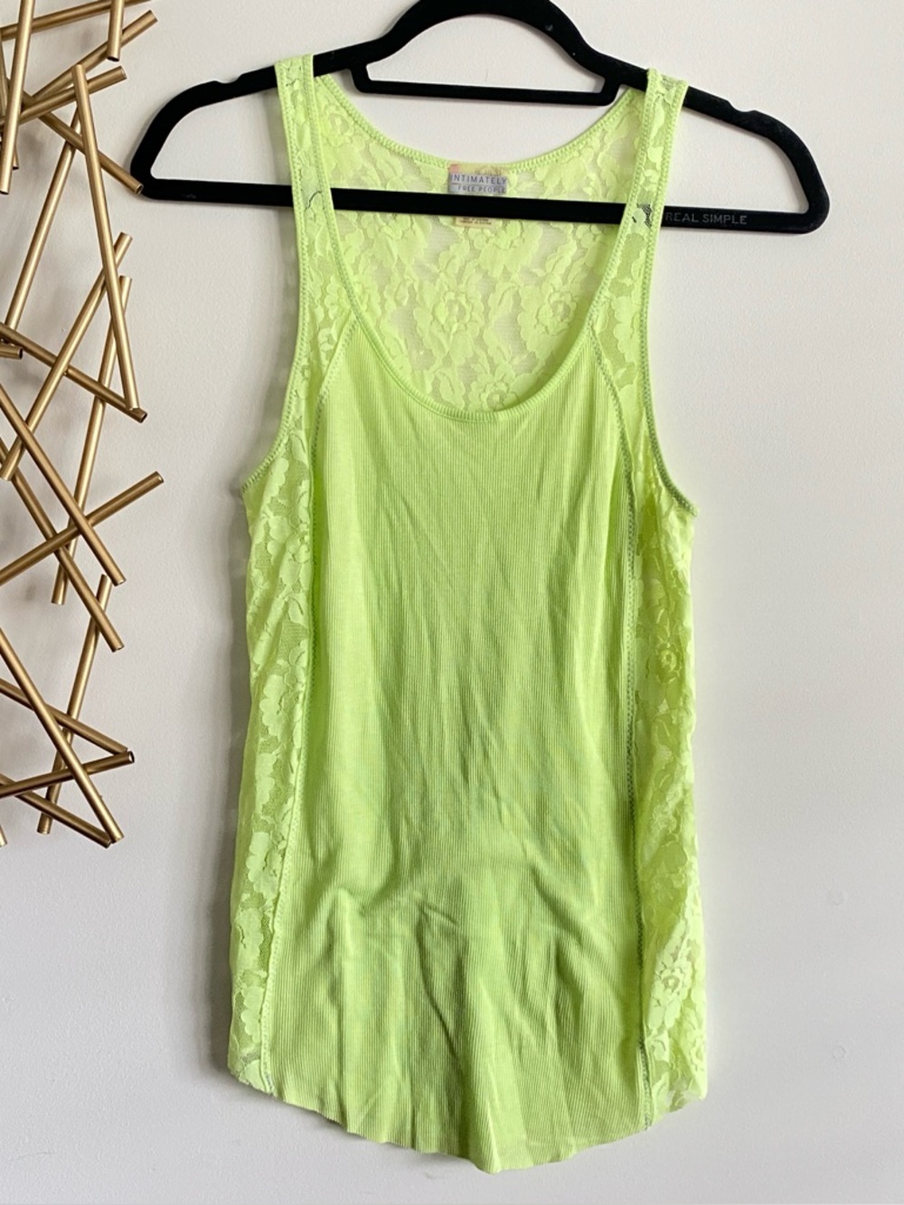 Free People Intimately Lime Neon Green Ribbed and Lace Lace Long Tank Top Size L